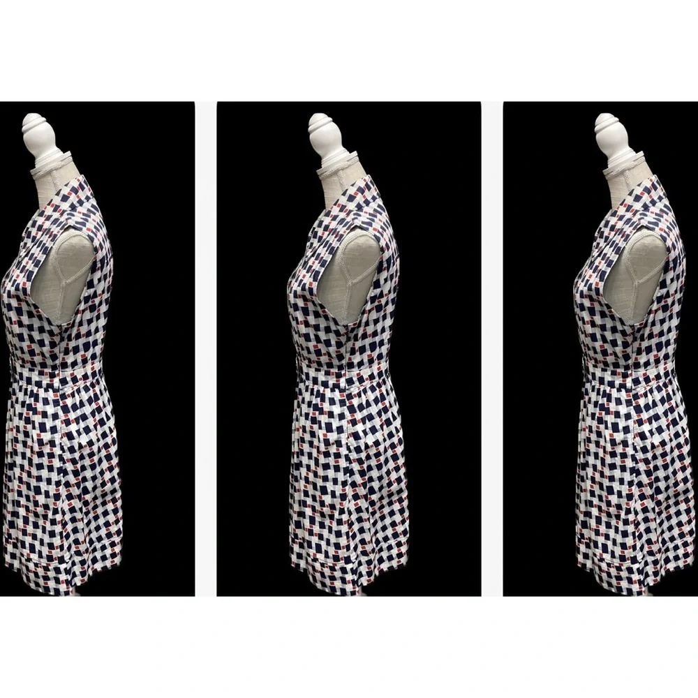 TULLE | L | Cotton White Blue Geometric Checkered Square Print Lined Dress NWOT